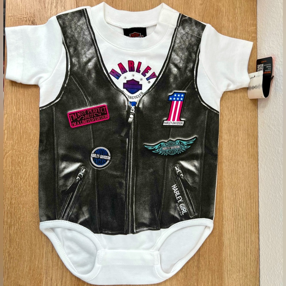 Harley-Davidson Baby Girls' Faux Leather Vest Short Sleeve Creeper - White